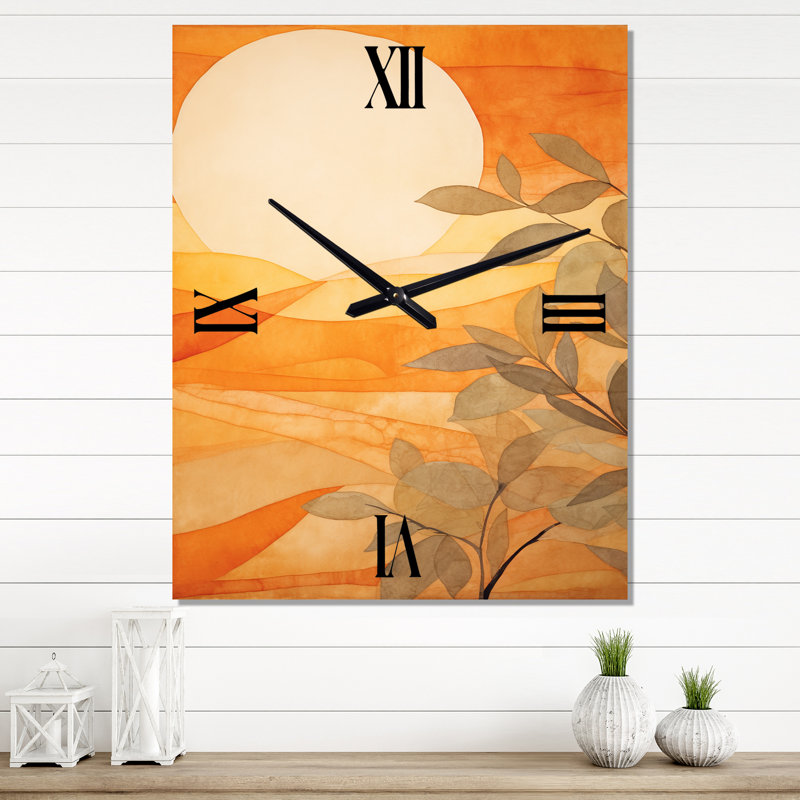 Golden Sunset Glow Over Orange Meadows, peinture I - horloge murale pré, Très grand