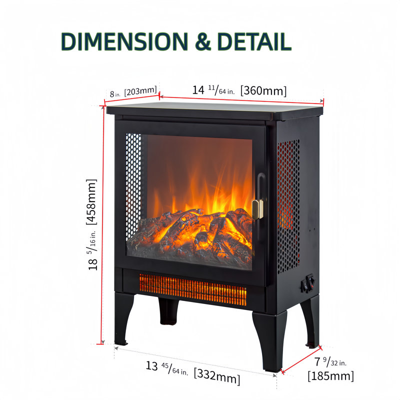 Freestanding Electric Fireplace Stove Heater With 3D Flame Effect, Black, 18.5" H x 14.1" W x 8" D