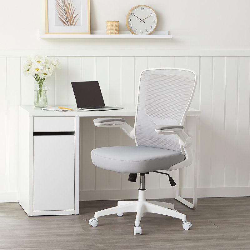 Chaise de travail roulante, filet gris, accoudoirs rabattables blancs, verrouillage vertical