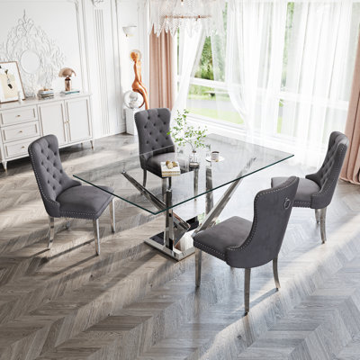 Glass Top Metal Base Dining Table With 4 Velvet Dining Chairs,5 - Piece Pedestal Dining Set