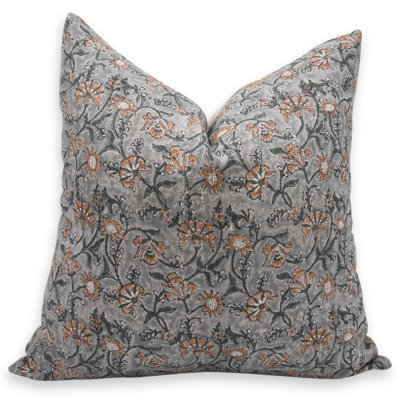 Block Printed Cushion Cover, Handmade Thick Linen Sqaure Sofa Pillow Cover, Floral Print Fabric 14X14 Cushion - NAAYAB
