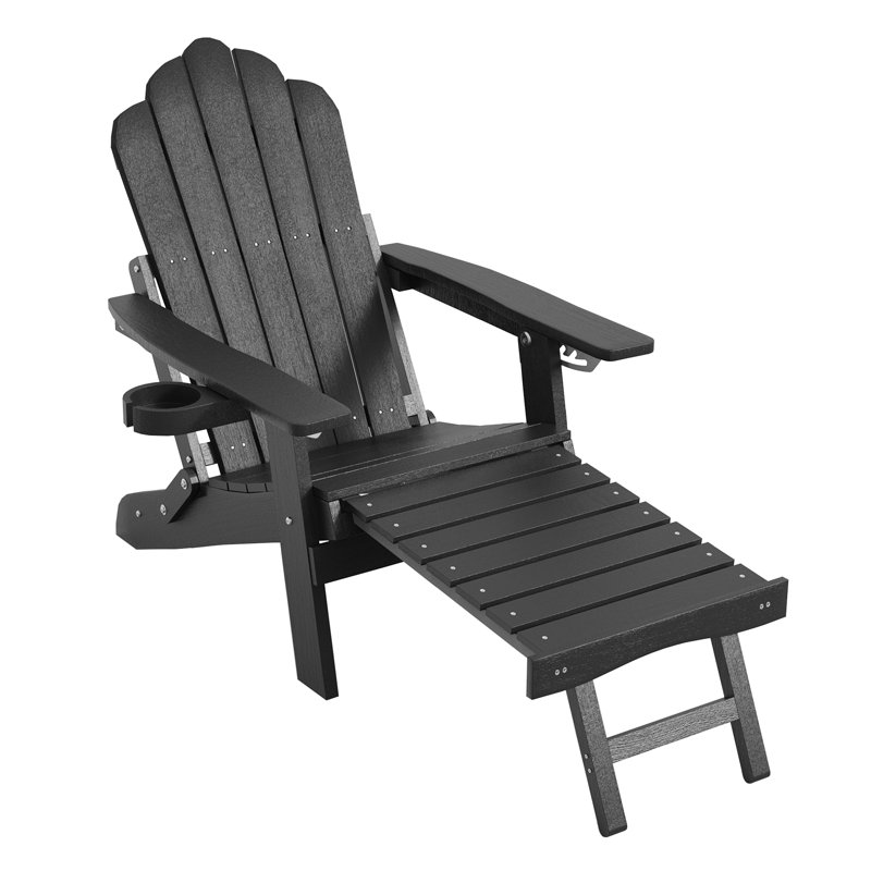 Folding Adirondack Chair with Cup Holders, Fire Pit Chair with Retractable Ottoman,  Multifunctional HIPS Chair for Porch, Patio, Balcony