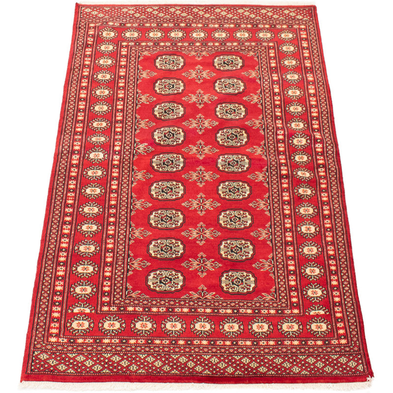 Tapis unique en laine noué à la main style Bokhara des années 2010 de 4 pi x 6 pi 3 po rouge / brun / brun clair Gunnulf