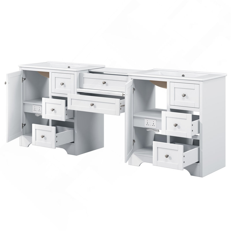 84" Double-Sink Bathroom Vanity, 2 Ceramic Sinks and a Engineered Stone Countertop, Large storage Bathroom Vanity with Silver Metal and 6 Drawers, Soft Closing Design, Wood