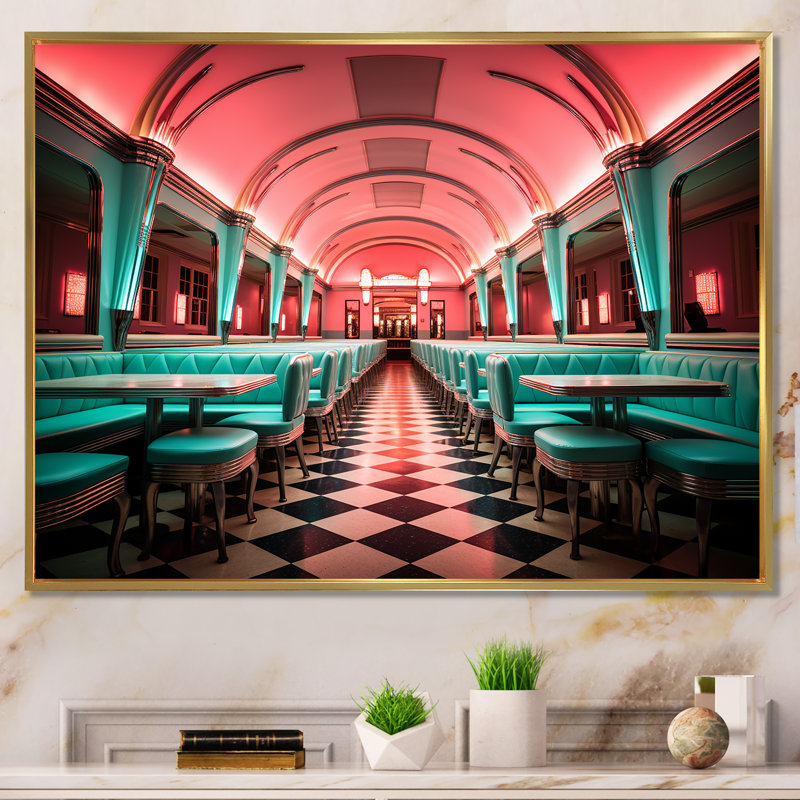 «Pink Nostalgic Tunes Fast Food 1960S Diner - Jukeboxes», art mural, Cadre flottant doré, H 34 po x l 44 po x P 1,5 po