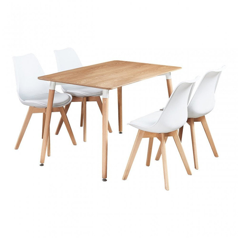 Stephenie 4 Person Dining set - a Rectangular Plastic Dining Table with Wooden Legs and a Set of 4 Faux Leather Cushion Padded Dining Chairs for Dining Room - Modern Dining Table Set