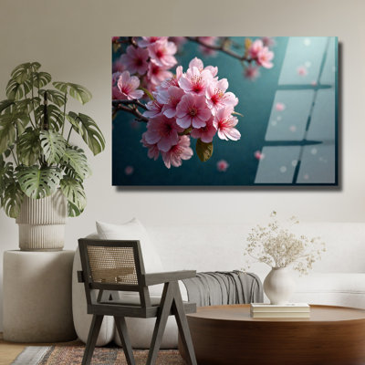 Art mural en verre trempé fleur de cerisier rose