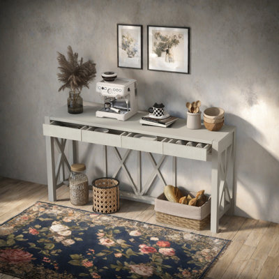 Console en placage de bois d'acacia avec 4 tiroirs spacieux, table d'entrée de conception moderne avec espace de rangement ouvert, canapé de style campagnard pour salon, cuisine, salle à manger, couloir