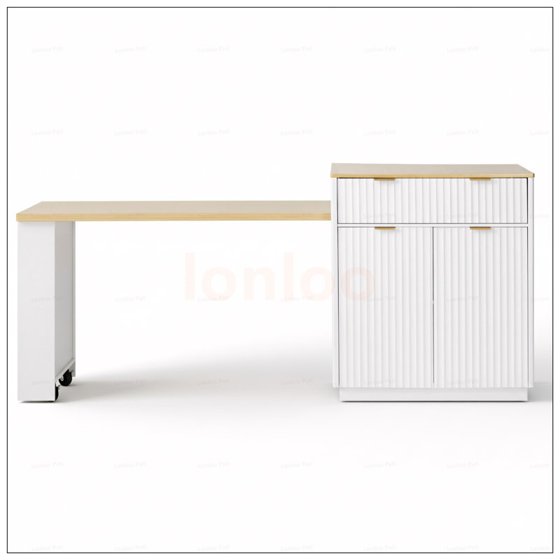 Fluted Kitchen Island With Extendable Dining Table For 4-6, Island Table With Power Outlet And Double-Side Storage, 2 Drawers And 2 Open Shelves