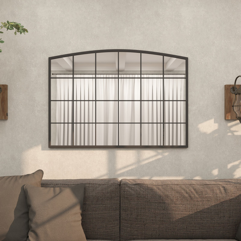 Haider Glass and Metal Arched Window Pane Inspired Wall Mirror, Matte Black, Window Pane, 34" x 48"