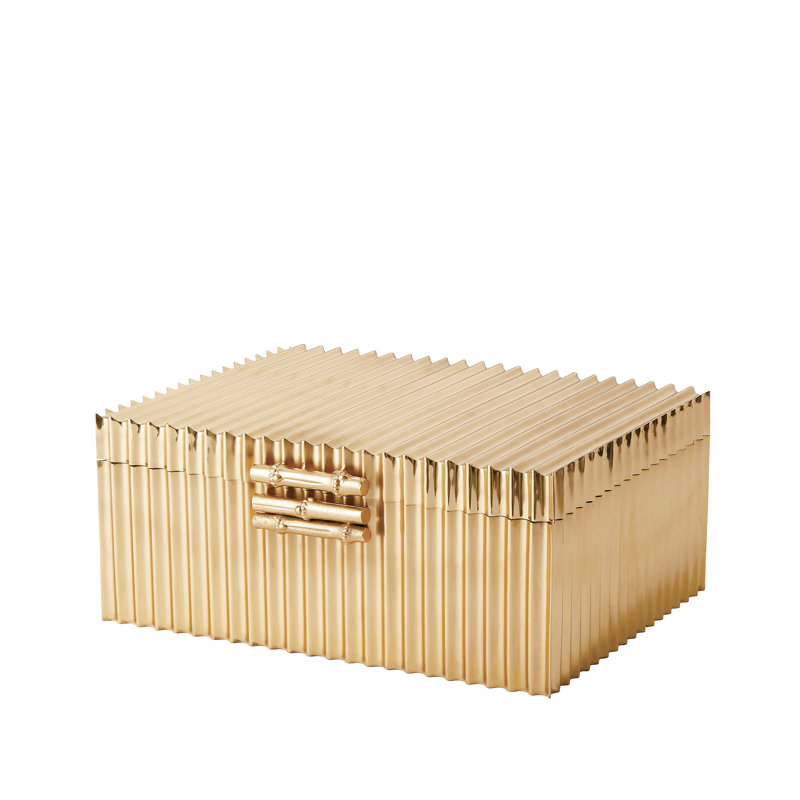 Corrugated Bamboo Handmade Wood Decorative Box, Brass, 5.25" H x 12" W x 9" D