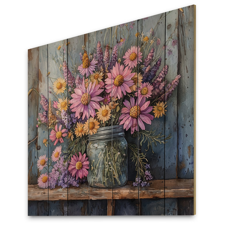 Garden Purple Daisies At The Farm III - Assorted Bouquets Wood Wall Decor - On Natural Pine Wood, 15" H x 15" W x 0.78" D