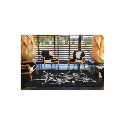 Black Themed Text Patterned Modern Decorative Washable Rug