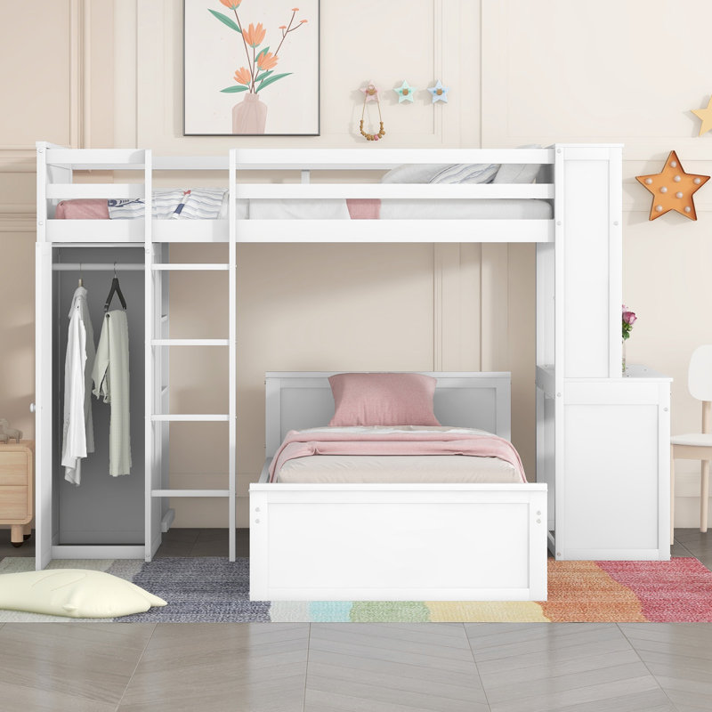 Lit mezzanine avec lit autonome, tablettes, bureau et garde-robe, Lit simple, Blanc