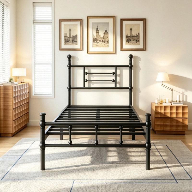 Cadre de lit simple en métal 18 po avec tête de lit, cadre de lit simple en métal avec rangement sous le lit, aucun sommier requis et assemblage facile, noir