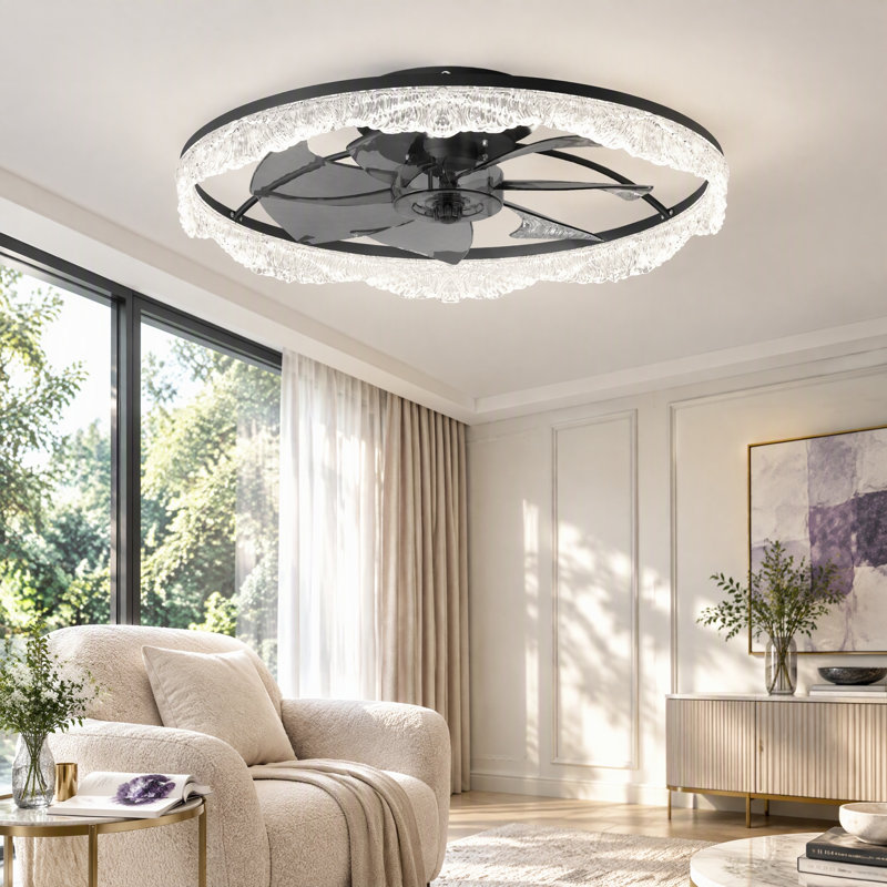 Ventilateur de plafond moderne en cristal noir avec lumière et télécommande, température de couleur réglable, 24" Wide