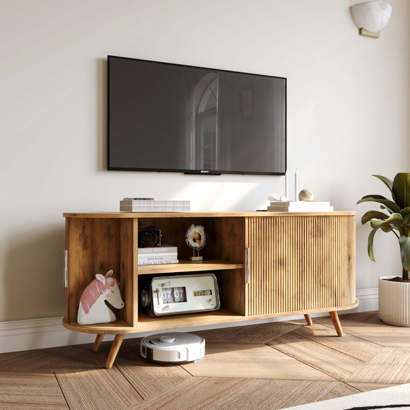 Meuble télé Modern Flutd avec grand rangement, portes coulissantes et prise de courant pour téléviseur de 55 po ou moins dans le salon / la chambre à coucher