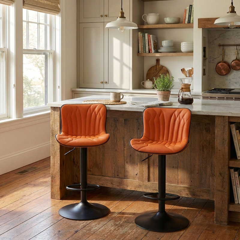 Swivel Upholstered Adjustable Height Counter Stool with Metal Frame, Orange