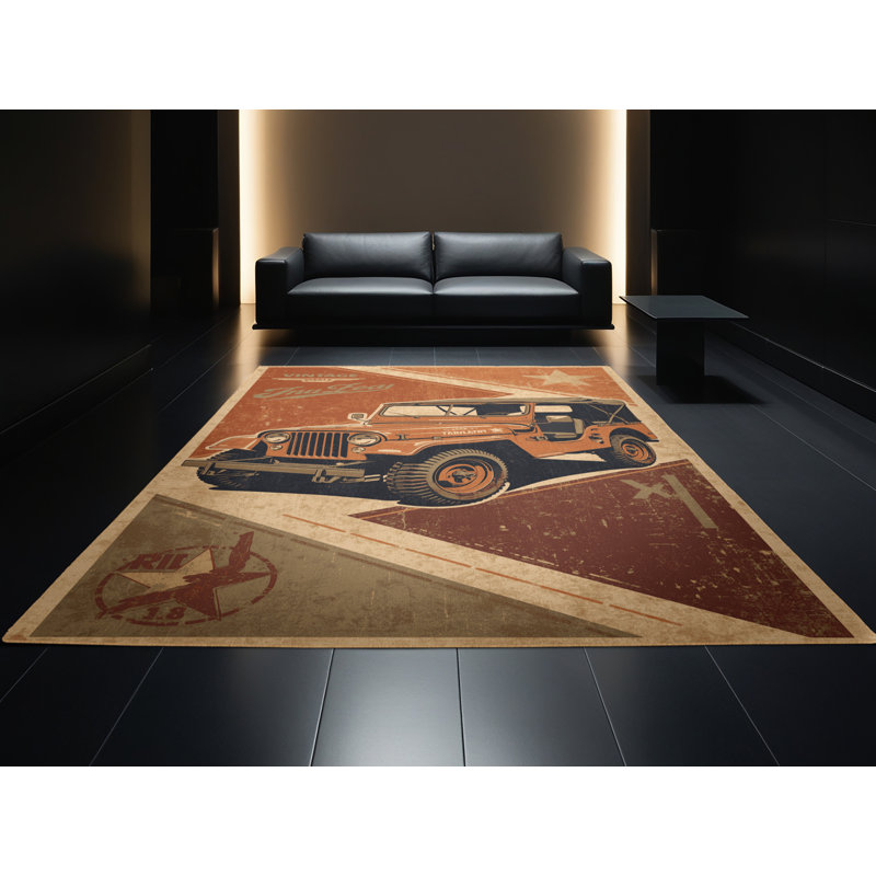Tapis de style militaire rétro vintage à motif de véhicules Jeep lavable à la machine - brun clair, 7 x 9