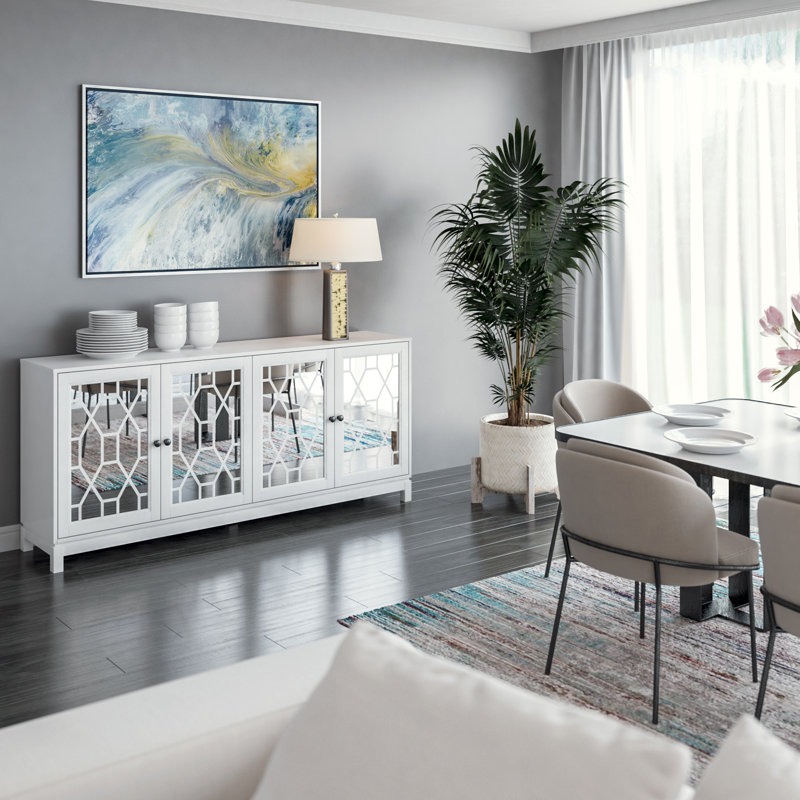 Buffet 71 pouces avec portes en miroir, blanc