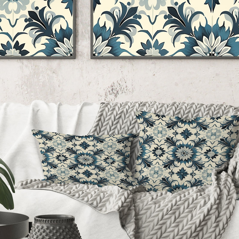 Coussin Poudre Blue Vintage Tile III - Farmhouse, H 12 po x l 20 po, Forme rectangulaire