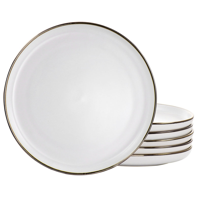Elama Arthur 6 Piece Stoneware Dinner Plate Set In Bronze Rim, Matte White