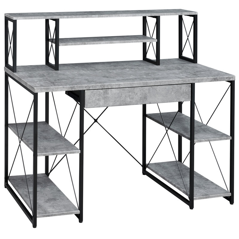 Bureau avec tablettes ouvertes et huche, Gris