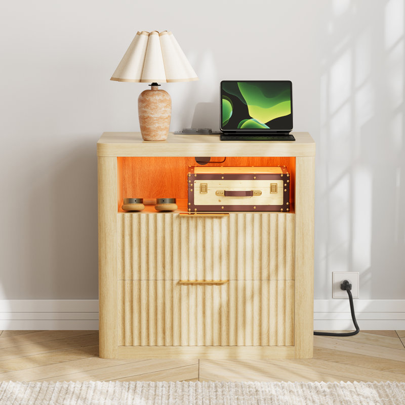 Table de bout avec rangement intelligent avec éclairage ambiant et ports de charge, table d'appoint de luxe moderne, Beige, 1