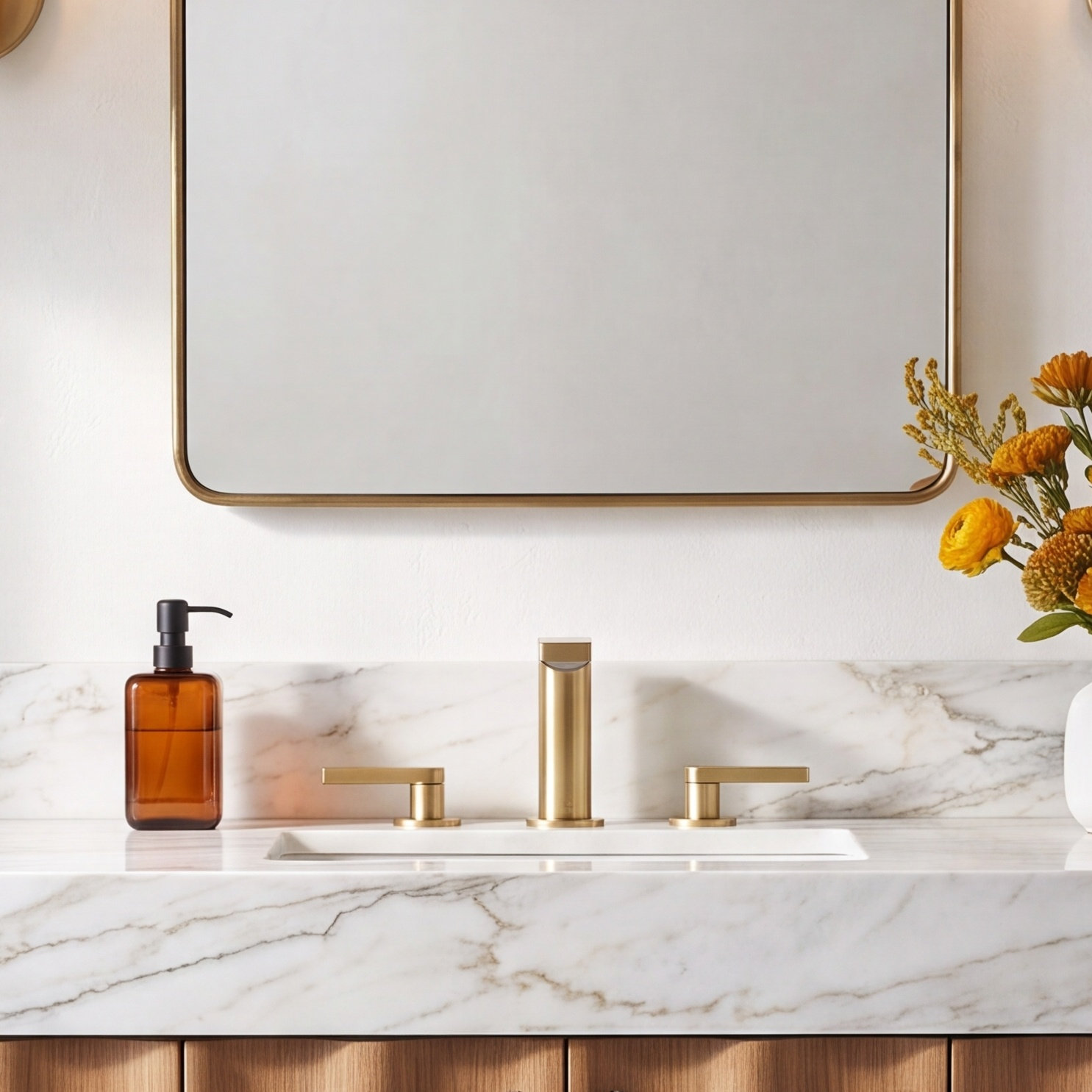 Composed Widespread Bathroom Faucet with Drain, Brushed Brass
