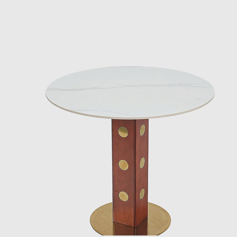 33.5" Sintered Stone Table with Wooden Leg & Gold Base, Modern Round Dining Table