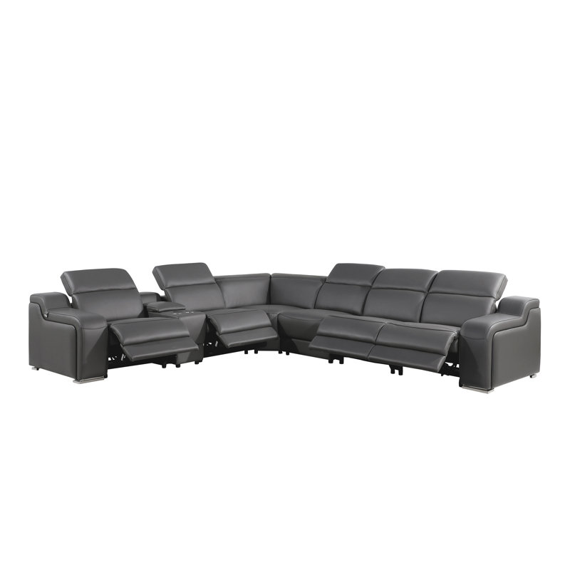 Stanphill 7 - Piece Top Italian Grain Leather Power Reclining Sectional, Dark Gray Genuine Leather