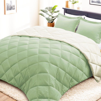 Ensemble d'édredon réversible en duvet synthétique toutes saisons 3 pièces avec deux taies décoratives - Insert de couette matelassé avec languettes d'angle - Couverture à surpiqûres en losange - Respirant, doux et moelleux