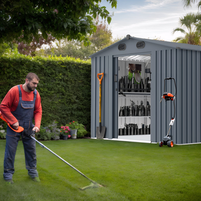 Dark Grey 8x10 FT Metal Garden Shed, Outdoor Storage Shed with Lockable Doors & Window for Backyard, Patio, Lawn