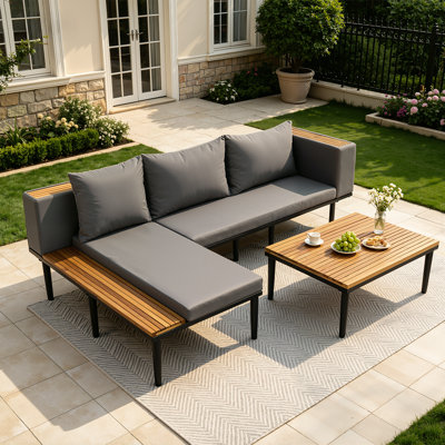 L-Shaped Outdoor Patio Conversation Set with Acacia Wood Side Table and Coffee Table, Sectional Sofa with Cushions