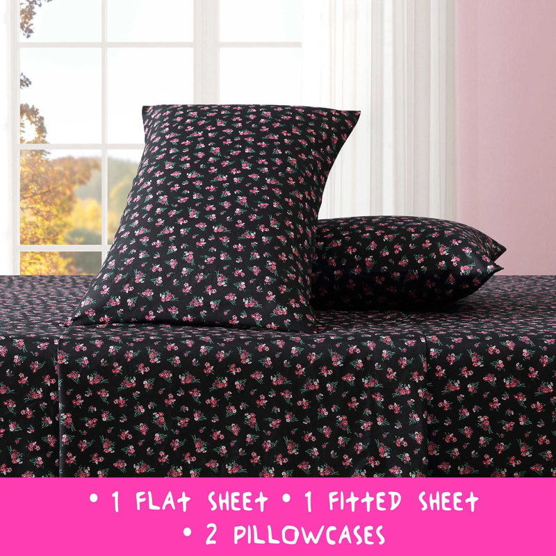 Full Black Floral Microfiber Sheet Set