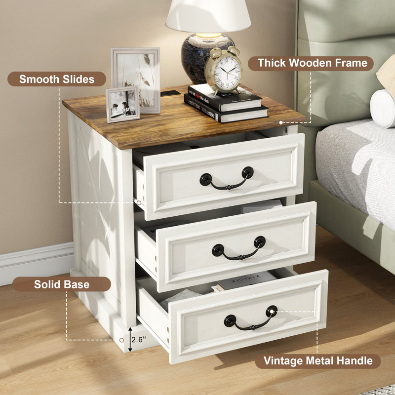 End Table With Charging Station, Farmhouse Nightstand With 3 Drawers & USB Ports, Solid Wood Entryway Table With Smiling Handle(Set of 2)
