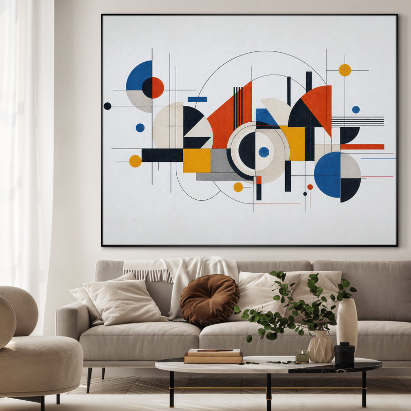 Très grand art mural imprimé sur tissu - formes de Bauhaus géométriques bleues - "Assemblage requis (cadre non fini)"
