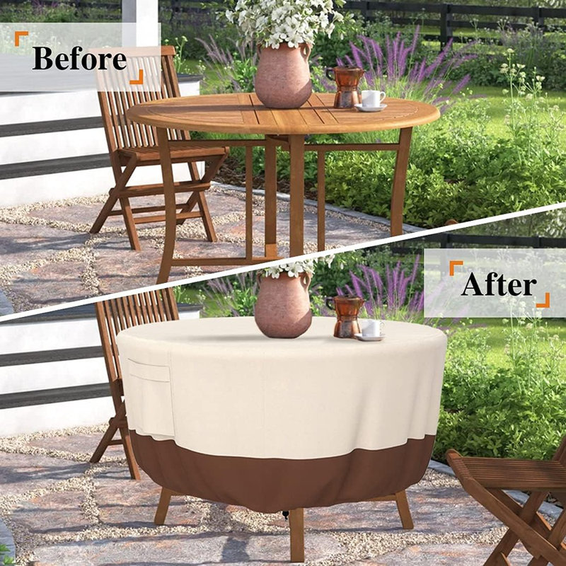 Patio Furniture Covers, Heavy Duty Round Patio Table Cover (84D X 28H Inch) Outdoor Dining & Coffee Table Cover For Veranda, Lawn, Table, Chair-Waterproof & Weather Resistant, Anti UV - Beige & Brown