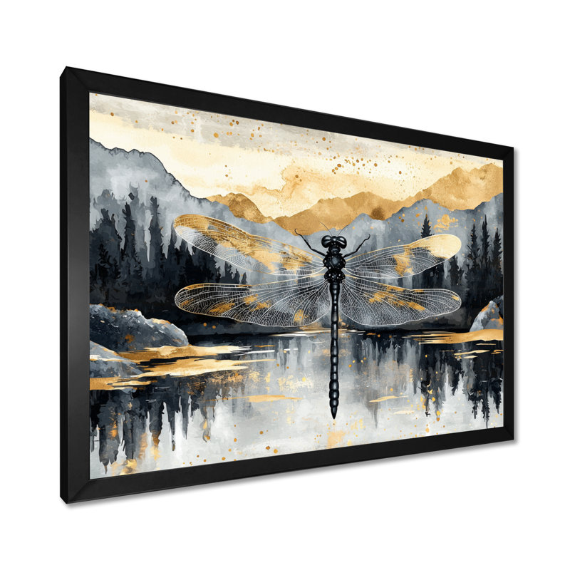 Golden Dragon Guardian Of The Pond II - Libellule, art mural, Reproduction encadrée d'une seule photo, Noir