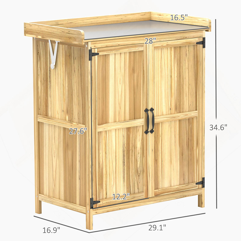 Outdoor Storage Cabinet With Shelf And Metal Tabletop, Natural Wood