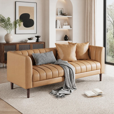 78" Faux Leather Sofa with Deep Seat & Channel Tufting, Solid Wood Legs, 2 Throw Pillows, High-Resilience Foam & Springs