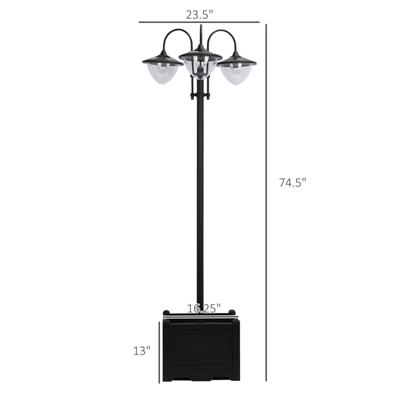 Lampadaire solaire à 3 têtes avec pot à fleurs 74,5 po Outsunny