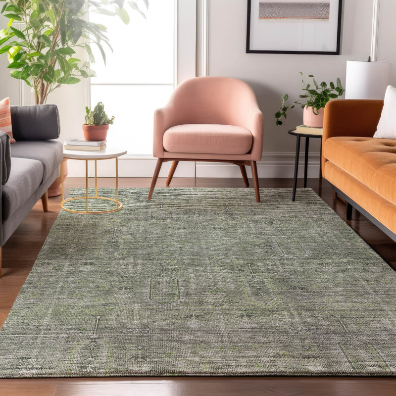 Premium Machine Washable Prisco Green Rug, Rectangle 5' x 7'6"