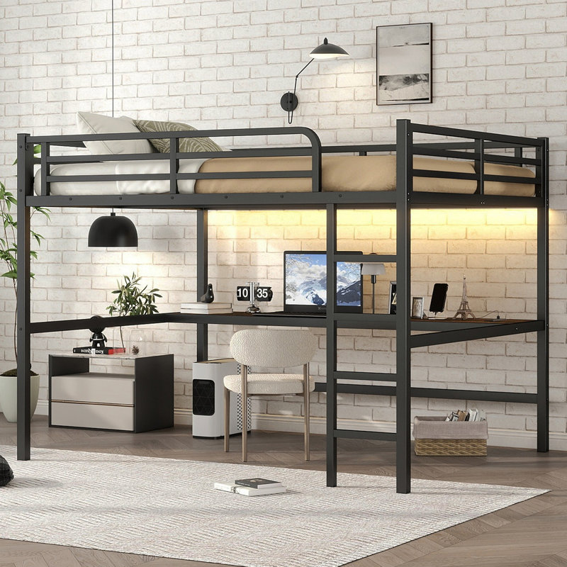 Grand lit mezzanine en métal avec prise de courant et éclairage DEL, peu encombrant, réduit le bruit, noir