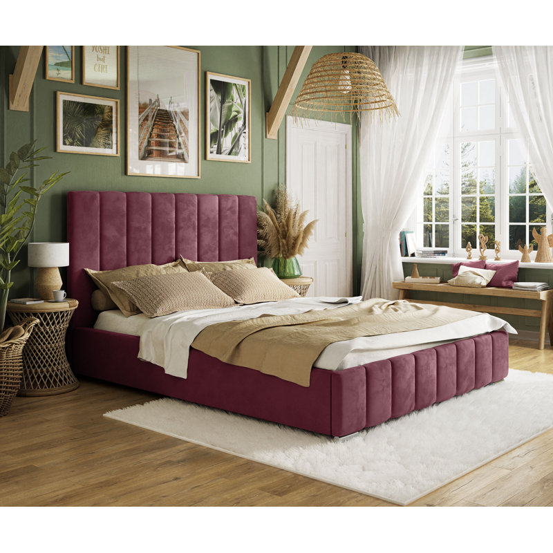 Emiljan Velvet Upholstered Bed, 140 x 200cm, Bordeaux
