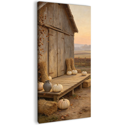 Tableau sur toile verticale représentant une citrouille, paysage d'automne rustique, style ferme, idéal pour le salon, la chambre ou l'entrée. Décoration murale de l'Action de grâce aux tons neutres et chauds. Toile tendue sur châssis en pin, 81 x 41 cm (32 x 16 pouces).