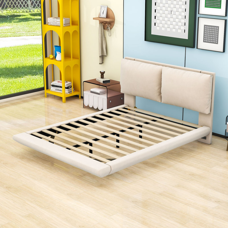 Queen Size Upholstered Platform Bed with Motion Sensor Lighting and Built-In Charging Station, Beige