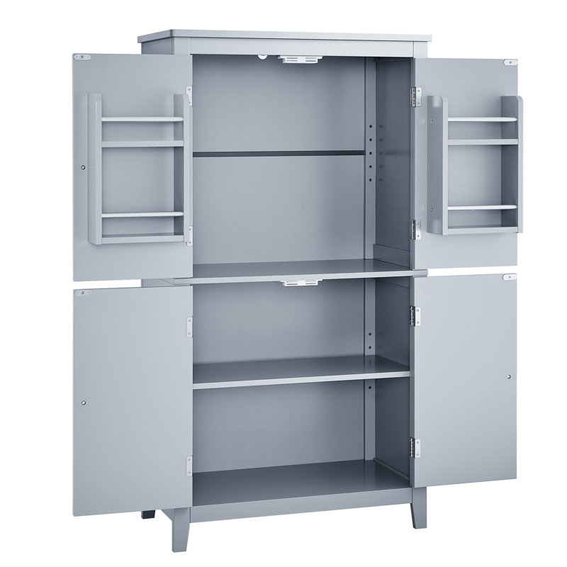 L'armoire de plancher de salle de bain grise avec 4 portes, des tablettes réglables, des charnières en métal et un grand espace de rangement élégant permettent d'utiliser efficacement l'espace