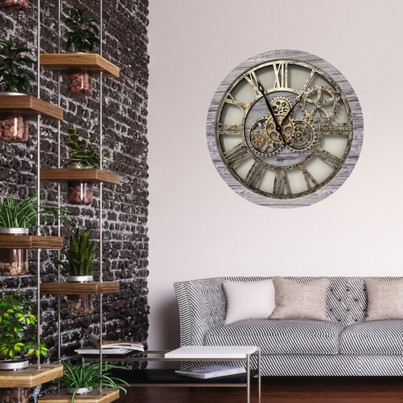 Wall Clock 24" Round Oversized for Living Room decor with Real Moving Gears America Collection, Silver Gray