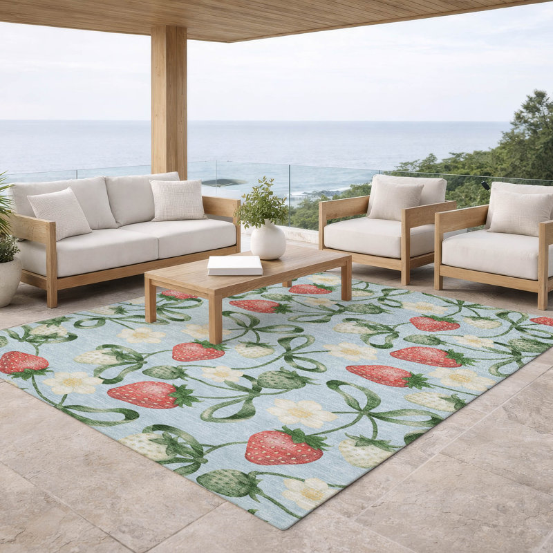 Machine Washable Indoor/Outdoor Chantille ACN2864 Flowers and Strawberries Rug, Sky, 9' x 12'